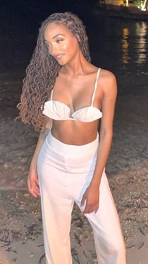 Stylish: As well as this post, Jourdan shared lots of pictures from her night out, which saw her wearing a shell-shaped bra top and white high-waisted trousers